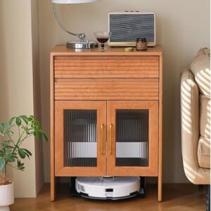 Small Storage Cabinet with Doors for Robot Vacuum Cleaner, perfect for home office and couch side table use, featuring swivel and hidden storage.