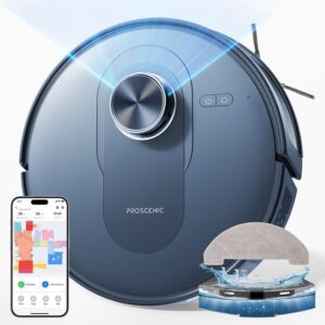 Proscenic Q8 Robot Vacuum Cleaner in action with powerful suction and wiping function for floors and carpets