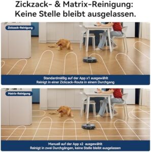 Proscenic Q8 Robot Vacuum Cleaner in action with powerful suction and wiping function for floors and carpets