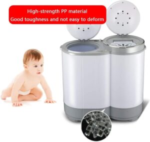 Mini washing machine with semi-automatic double tub, adjustable timer, and antibacterial blue light, 3kg capacity.