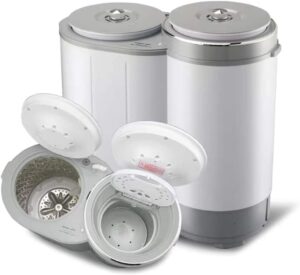 Mini washing machine with semi-automatic double tub, adjustable timer, and antibacterial blue light, 3kg capacity.