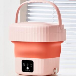 ROCKYMO Folding Washing Machine, compact pink design, ideal for small laundry loads like socks and underwear