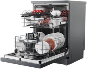 HF5C7F0A 15 Place Full Size Freestanding Dishwasher with WiFi in kitchen setting