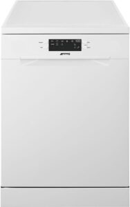 Smeg DF262DB Dishwasher in white, showcasing 13 place settings and 7 wash programmes