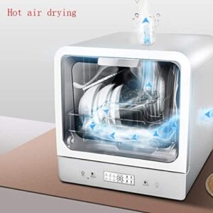 Desktop smart dishwasher with 360° spray arm design, compact, low noise, and adjustable programs.