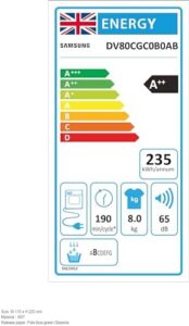 Samsung Series 5 DV80CGC0A0ABEU Heat Pump Tumble Dryer, 8kg capacity with OptimalDry and SmartThings integration