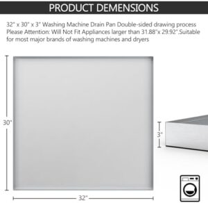 32" x 30" x 3" washing machine drain pan with anti-slip bottom and brushed stainless steel finish