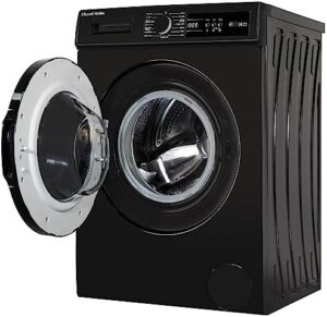 Russell Hobbs Freestanding Washing Machine in black with 8kg capacity and rapid wash cycles