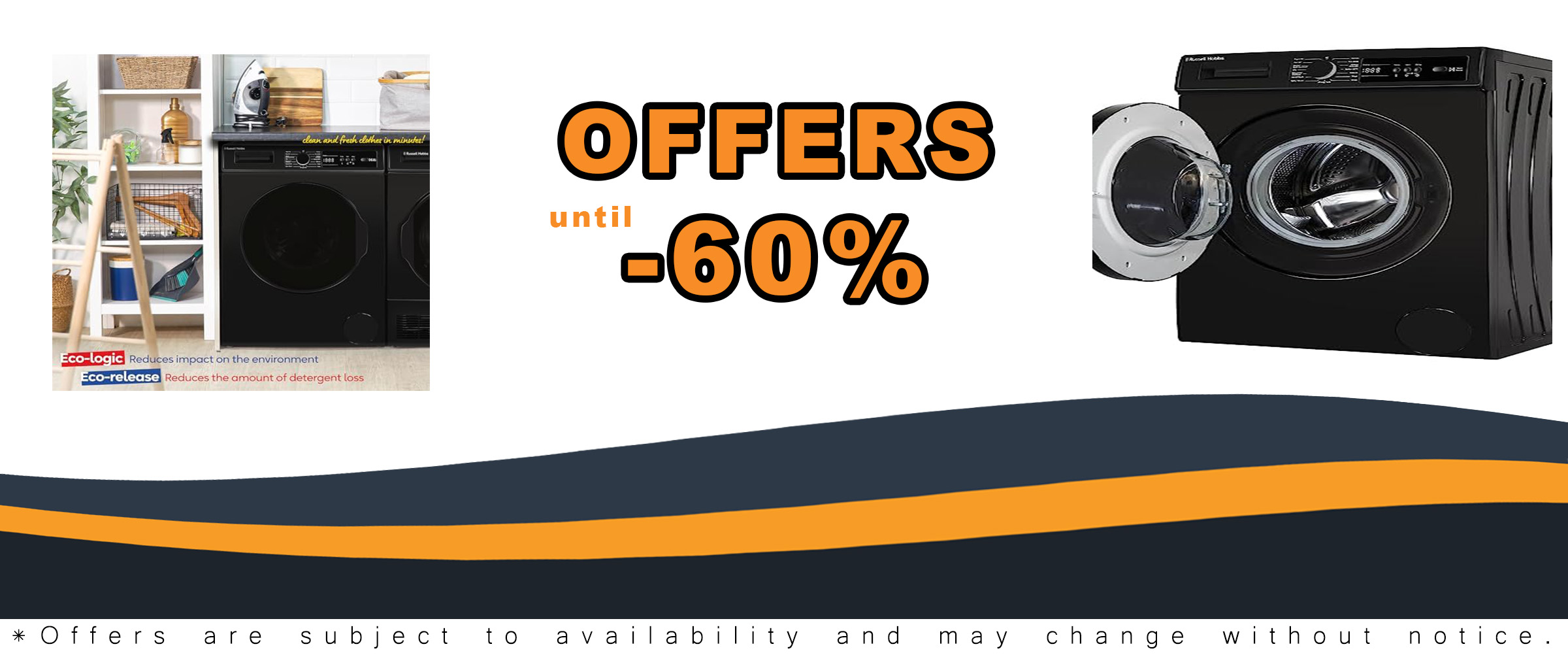 Russell Hobbs Freestanding Washing Machine in black with 8kg capacity and rapid wash cycles