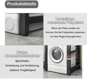 Washer Dryer Stand with Shelf, height-adjustable storage unit over washing machine with a yellow shelf