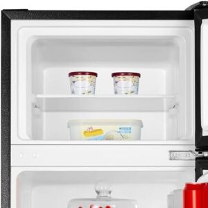 Fridgemaster MTM48120ES fridge freezer with adjustable thermostat, LED lighting, reversible door, and 4-star freezer rating in white.