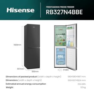 Hisense RB327N4BBE 55cm Freestanding 50/50 Fridge Freezer with 256L capacity, Total No Frost, LED Light, and reversible door in silver  
