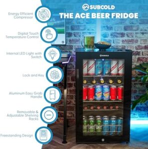 Subcold Ace100 LED Touch Control Beer Fridge with Glass Door, Black Alu Handle, Auto Defrost, 101 Can Capacity