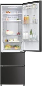 Haier HTR3619ENPB 60/40 Total No Frost Fridge Freezer in black, featuring a spacious design and advanced cooling technology.  