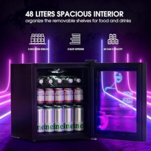 HCK 48L Mini Fridge with Glass Door, Quiet Operation, LED Lighting, and Precise Temperature Control for Gaming Rooms and Parties