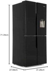 Hisense 431 Litre American Fridge Freezer in sleek black finish, showcasing its spacious design and modern features. 