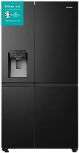 Hisense 632 Litre Side-by-Side American Fridge Freezer in Premium Black, offering spacious storage and modern design.