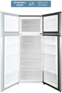 Cookology CFF204TM Static 204 Litre Fridge Freezer with adjustable temperature control, reversible doors, and LED light
