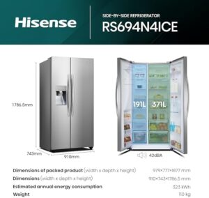 Hisense RS694N4ICE American fridge freezer, stainless steel, plumbed water and ice dispenser