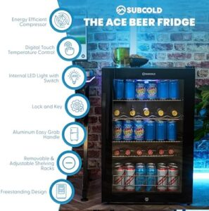 Subcold Ace130 LED touch control beer fridge, black handle