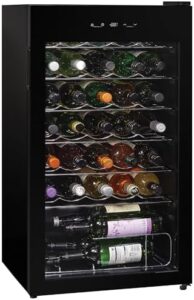 Russell Hobbs black wine fridge, glass door, LED light, 93L capacity