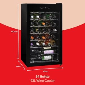 Russell Hobbs black wine fridge, glass door, LED light, 93L capacity