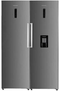 Cookology 630L tall fridge freezer, inox finish, water dispenser